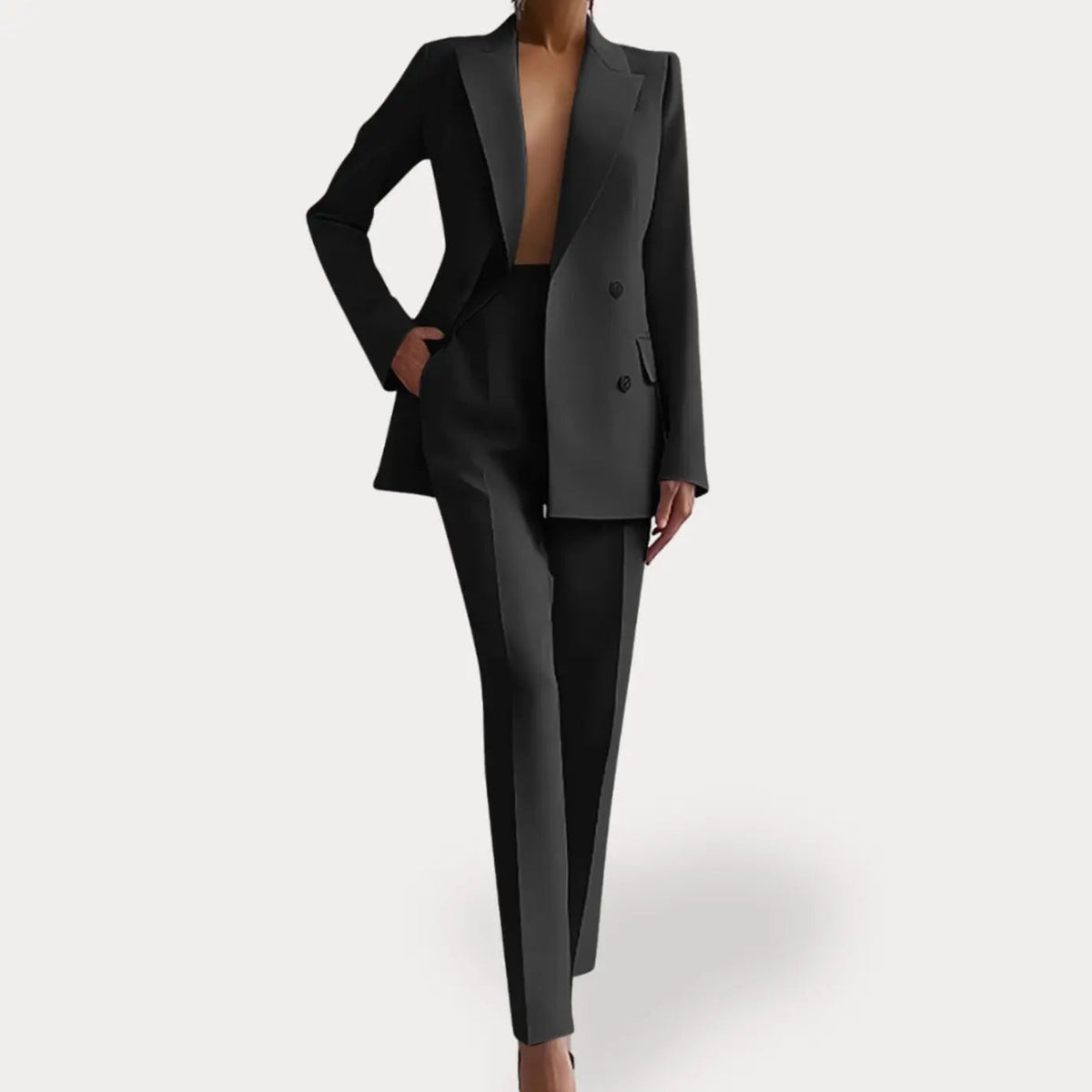 Women's Formal Tailored Suit Set Double-Breasted Long Blazer Trousers