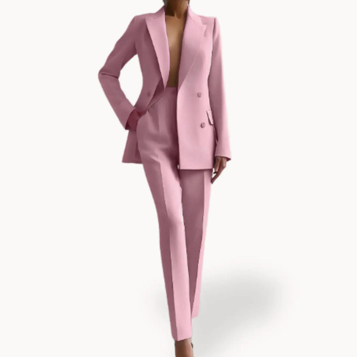 Women's Formal Tailored Suit Set Double-Breasted Long Blazer Trousers