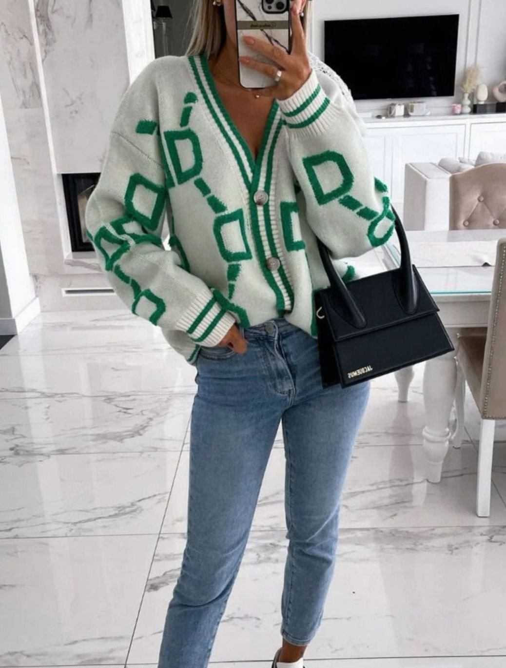 Women's Geometric Pattern Button-Up Knit Cardigan