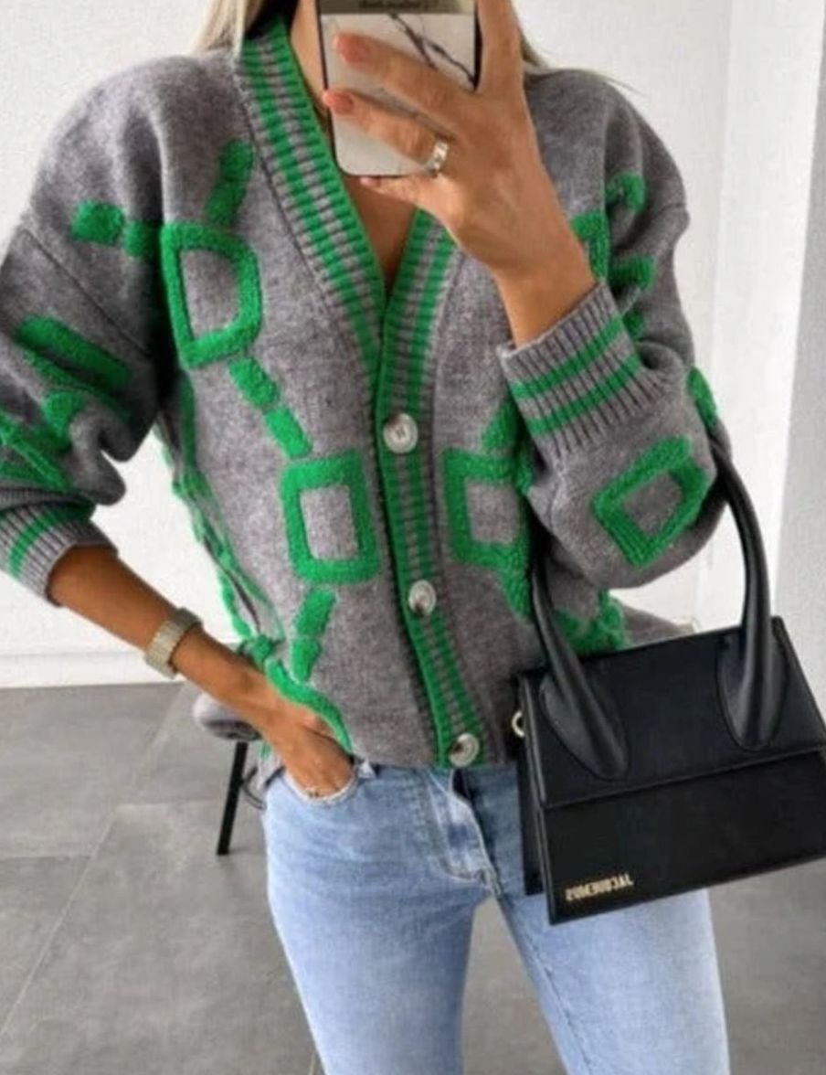 Women's Geometric Pattern Button-Up Knit Cardigan