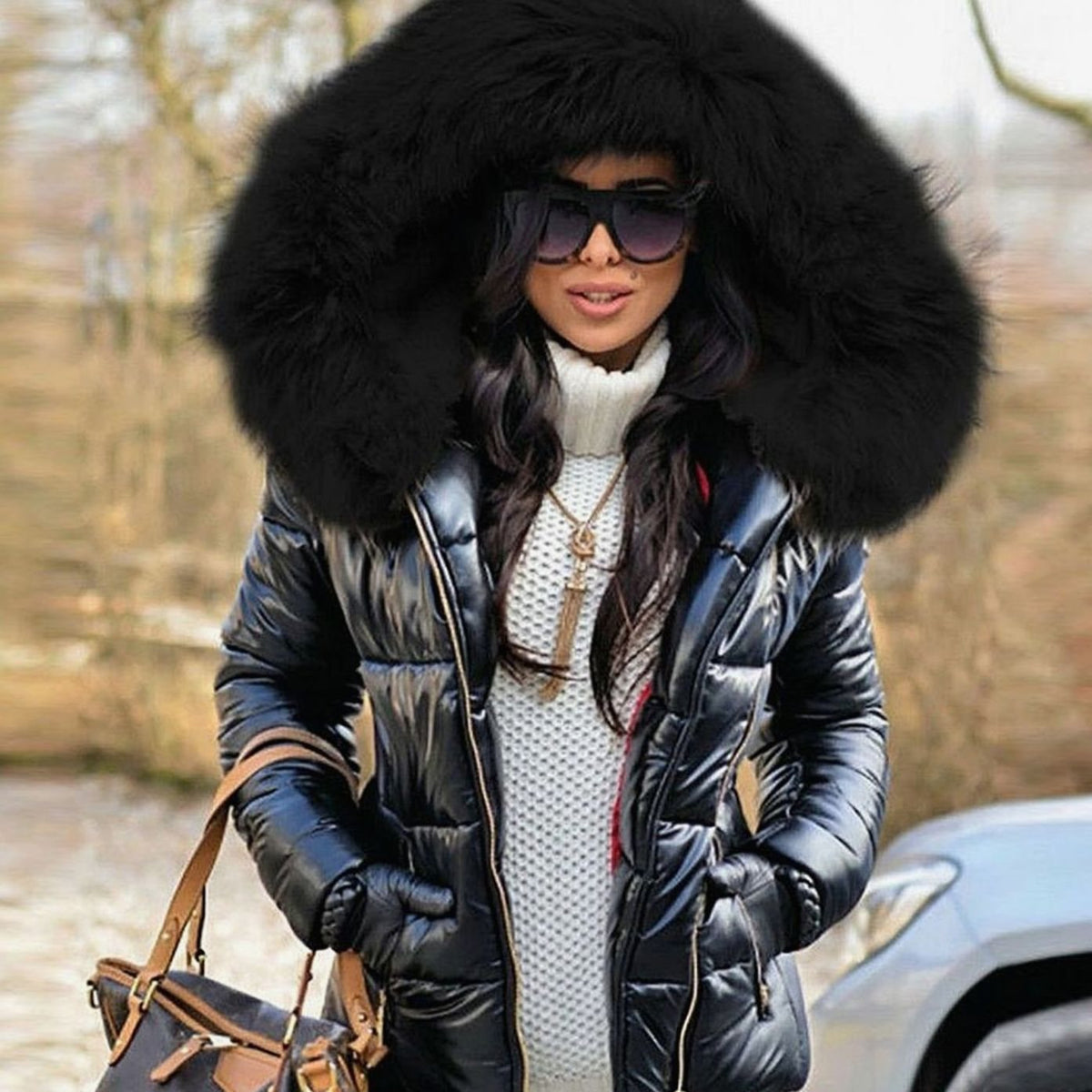 Women's Glossy Quilted Down Puffer Jacket Faux Fur Hood