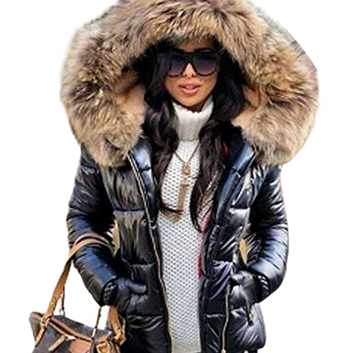 Women's Glossy Quilted Down Puffer Jacket Faux Fur Hood
