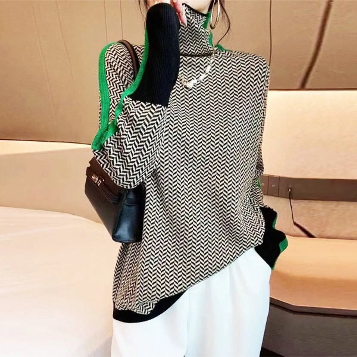 Women's Herringbone High-Neck Turtleneck Sweater Contrast Trim