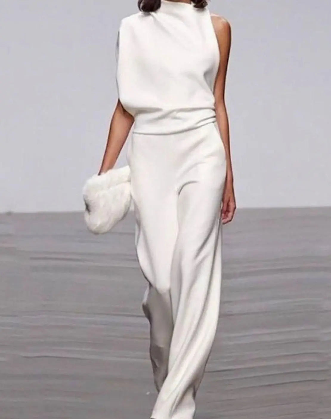 Women's High Neck Asymmetric Shoulder Jumpsuit Wide-Leg Formal