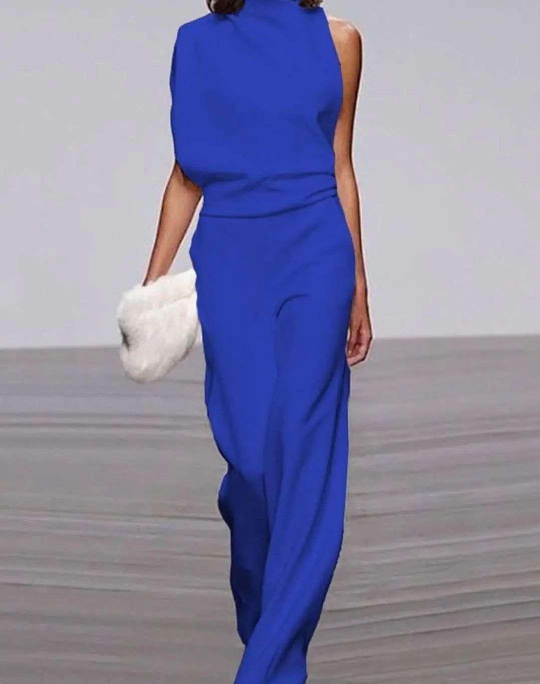 Women's High Neck Asymmetric Shoulder Jumpsuit Wide-Leg Formal
