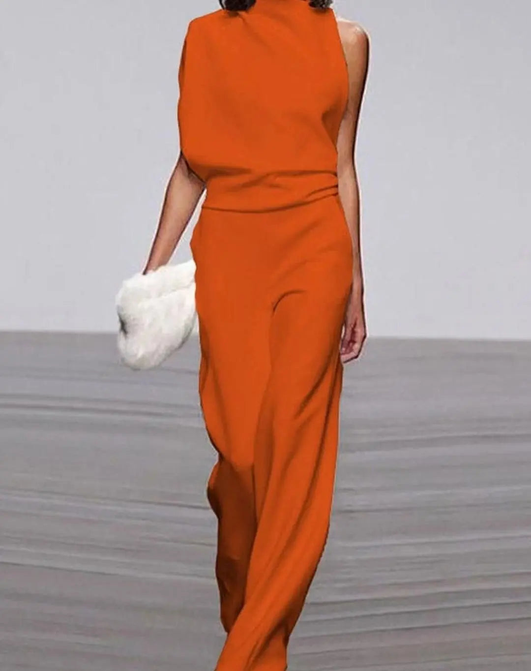 Women's High Neck Asymmetric Shoulder Jumpsuit Wide-Leg Formal