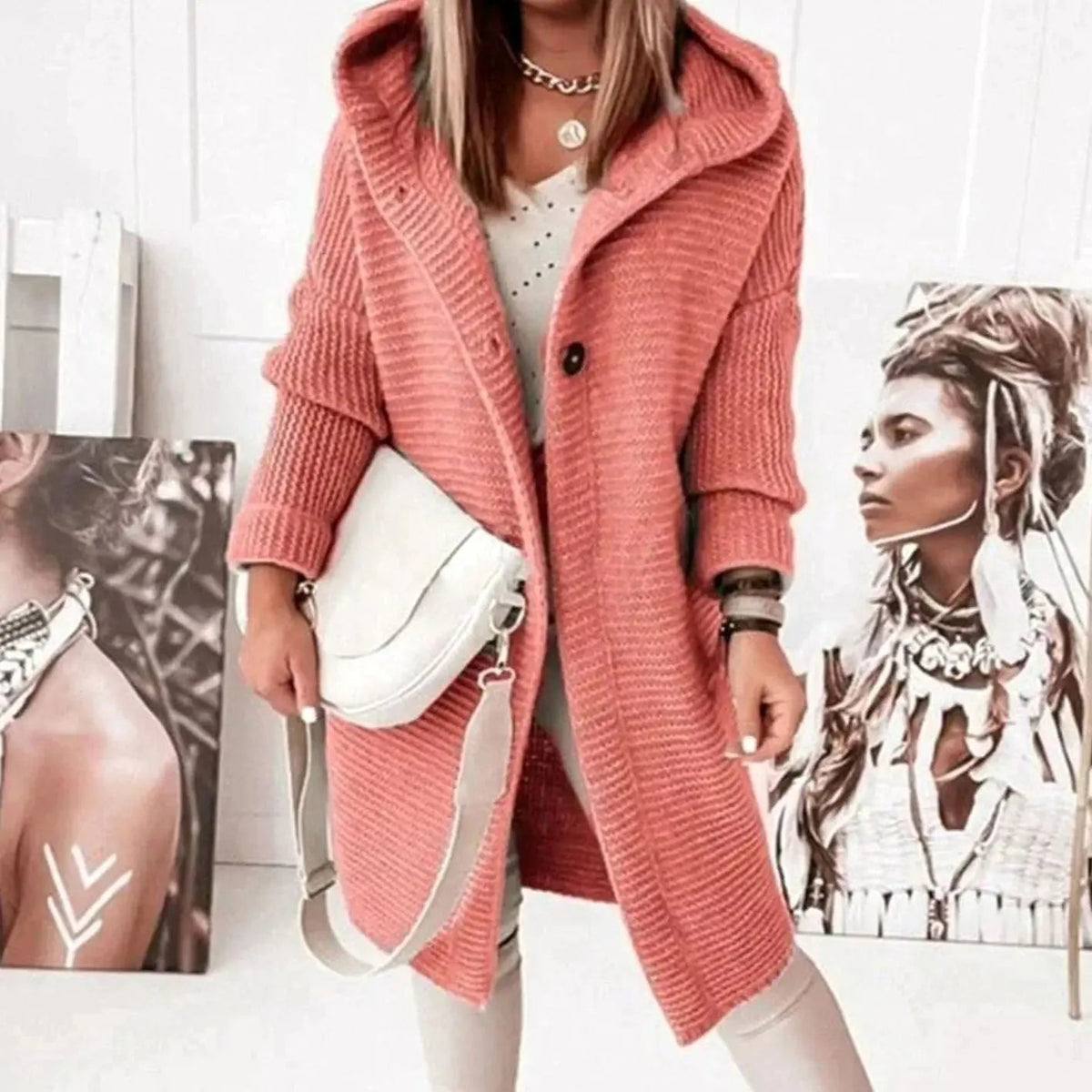 Women's Hooded Knit Cardigan Jacket Relaxed Longline Button