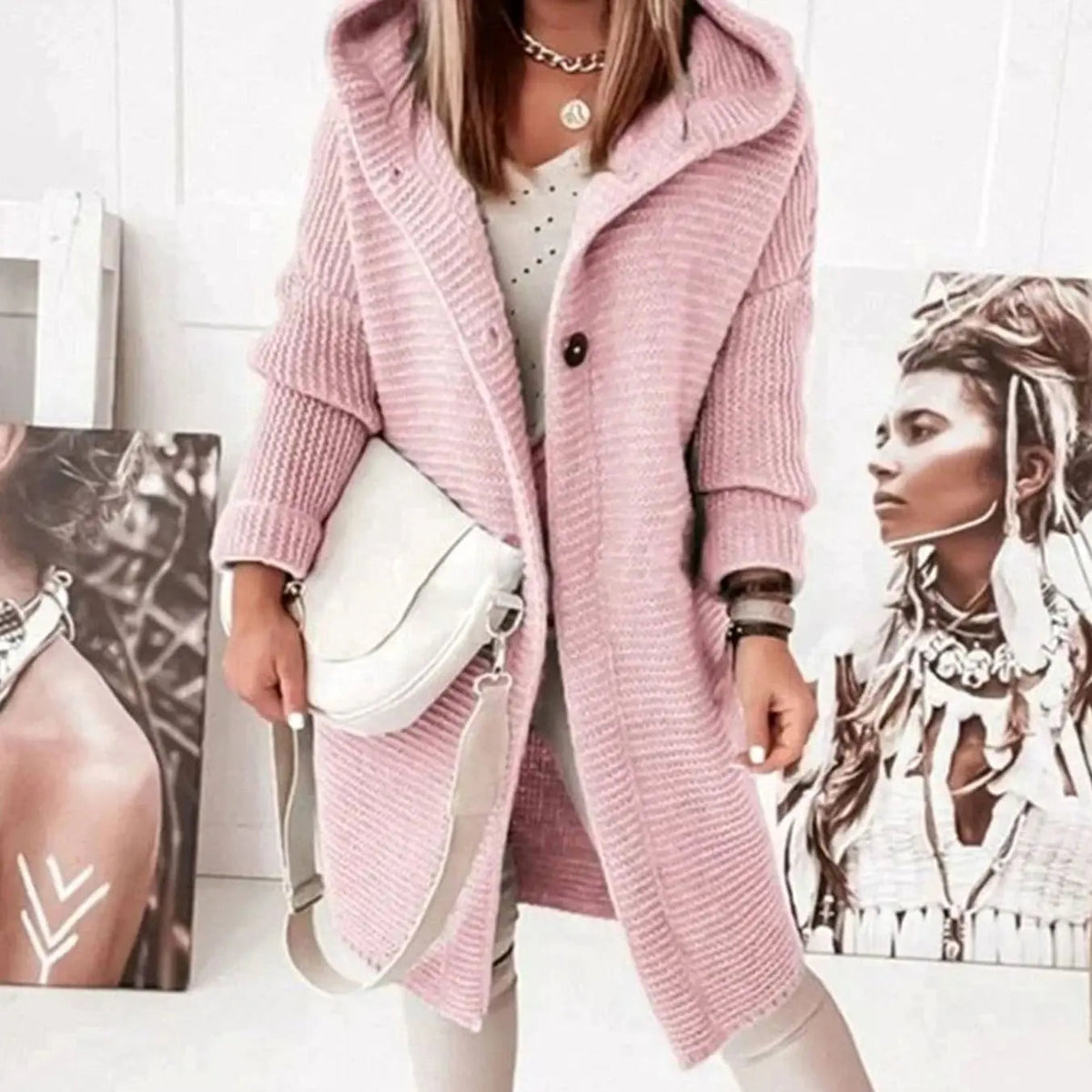 Women's Hooded Knit Cardigan Jacket Relaxed Longline Button