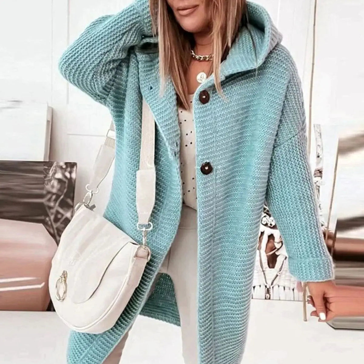 Women's Hooded Knit Cardigan Jacket Relaxed Longline Button