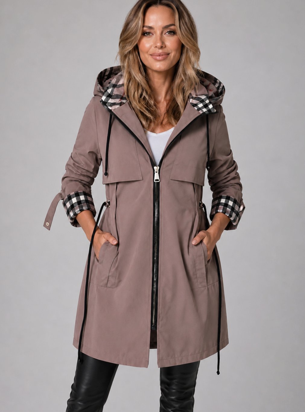 Women's Hooded Longline Zip-Up Coat Adjustable Drawstring Waist
