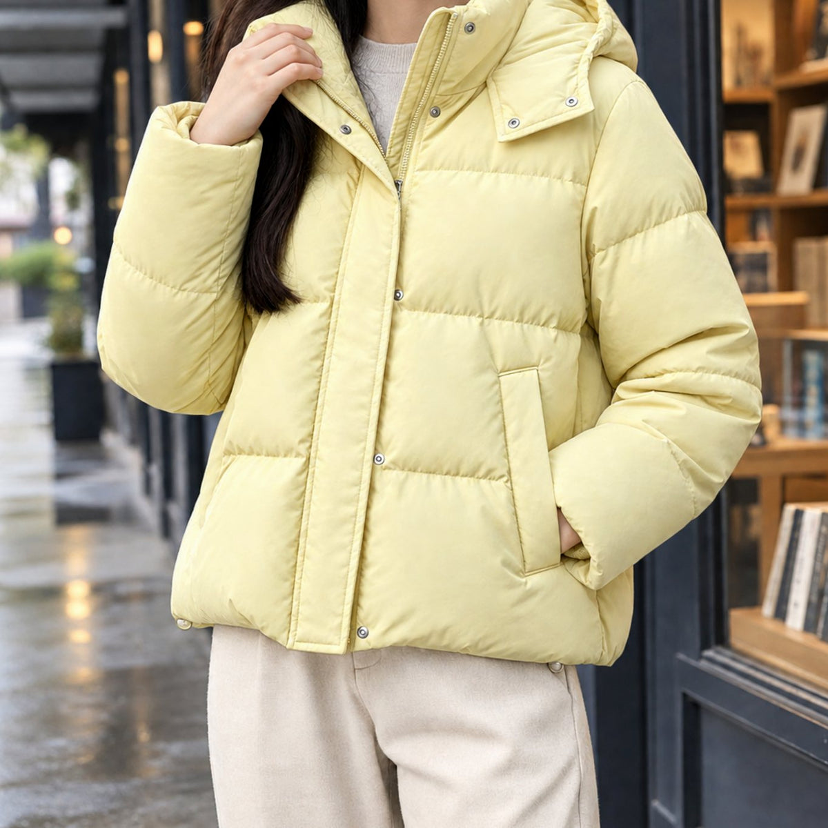 Women's Hooded Quilted Puffer Jacket Loose Waist-Length Fit