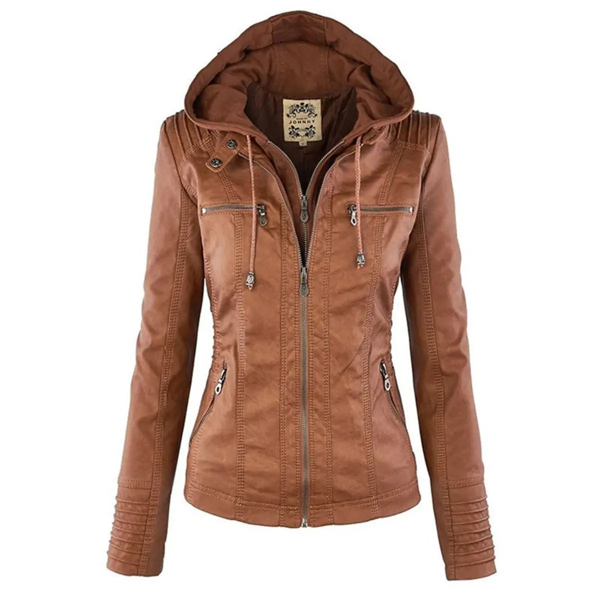 Women's Hooded Removable-Hood Faux Leather Biker Coat