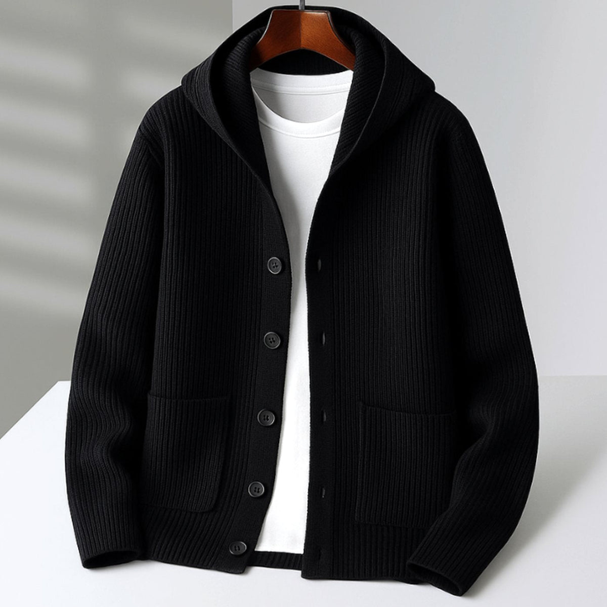 Women's Hooded Ribbed-Knit Button-Up Cardigan