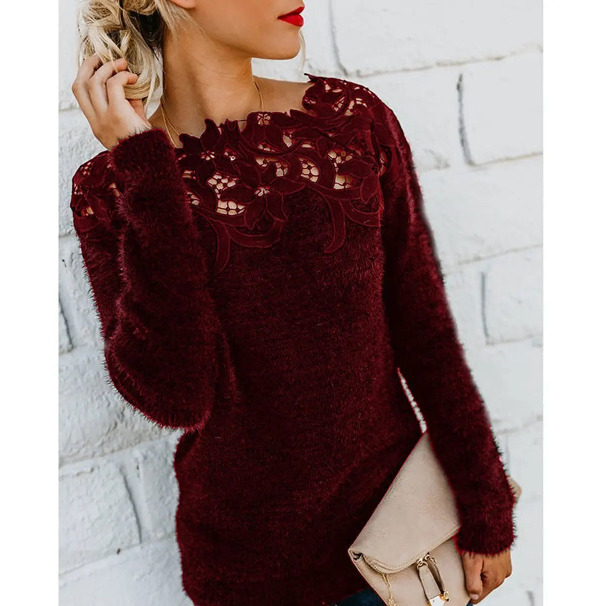 Womens Jumper Fluffy Lace Floral Neckline Long Sleeve Knit Top