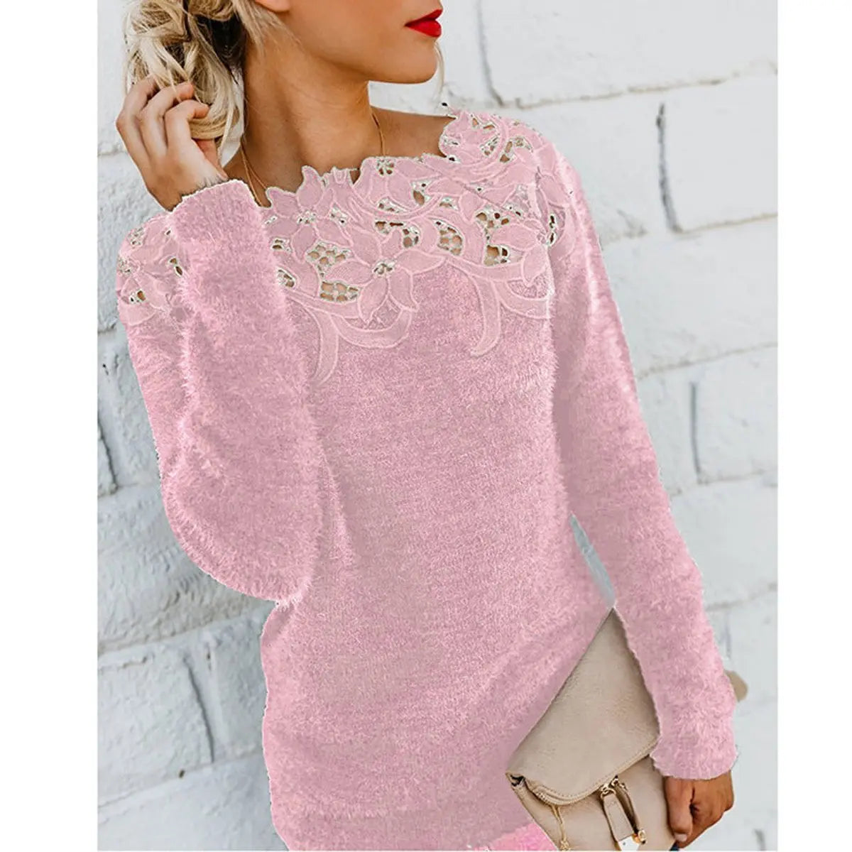 Womens Jumper Fluffy Lace Floral Neckline Long Sleeve Knit Top