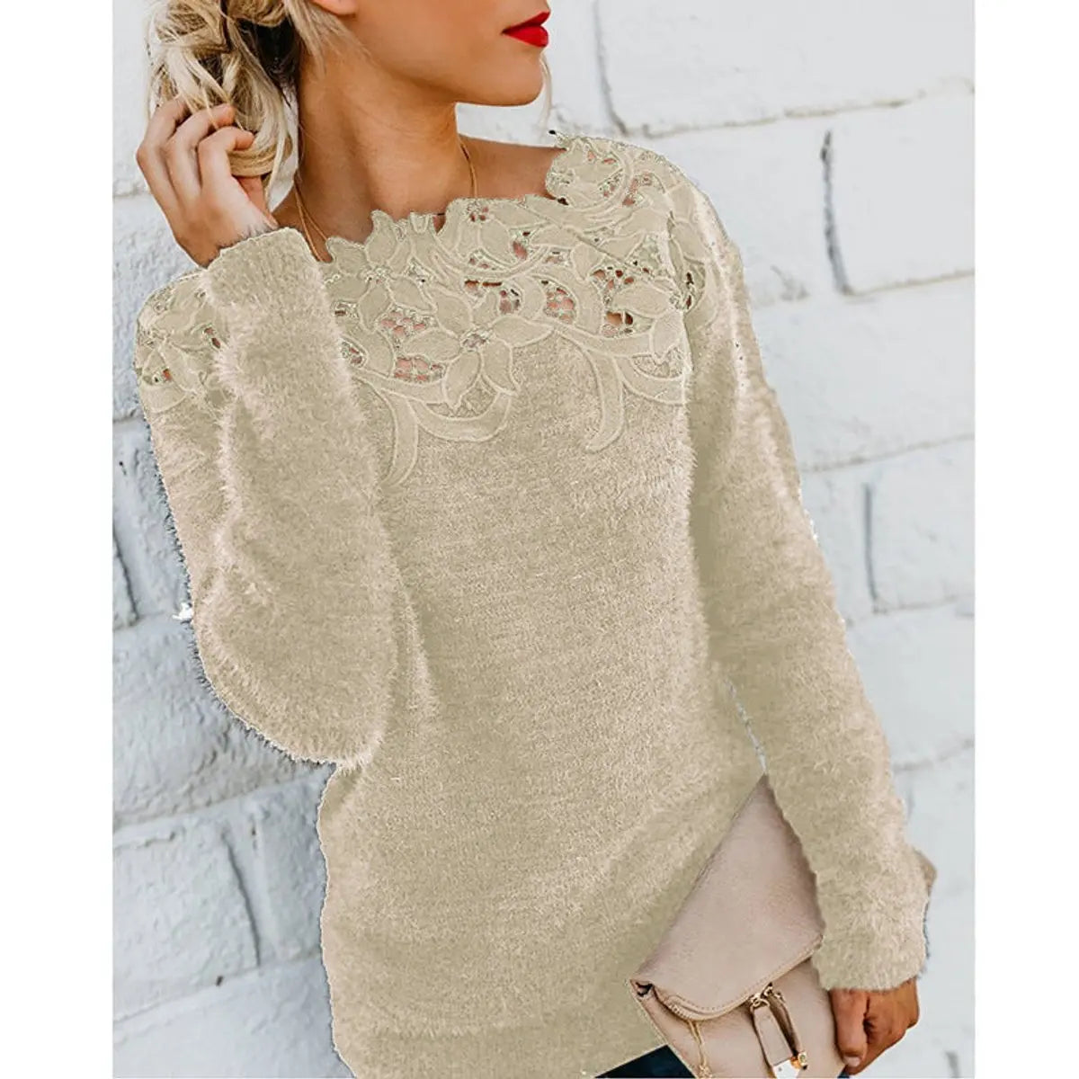 Womens Jumper Fluffy Lace Floral Neckline Long Sleeve Knit Top
