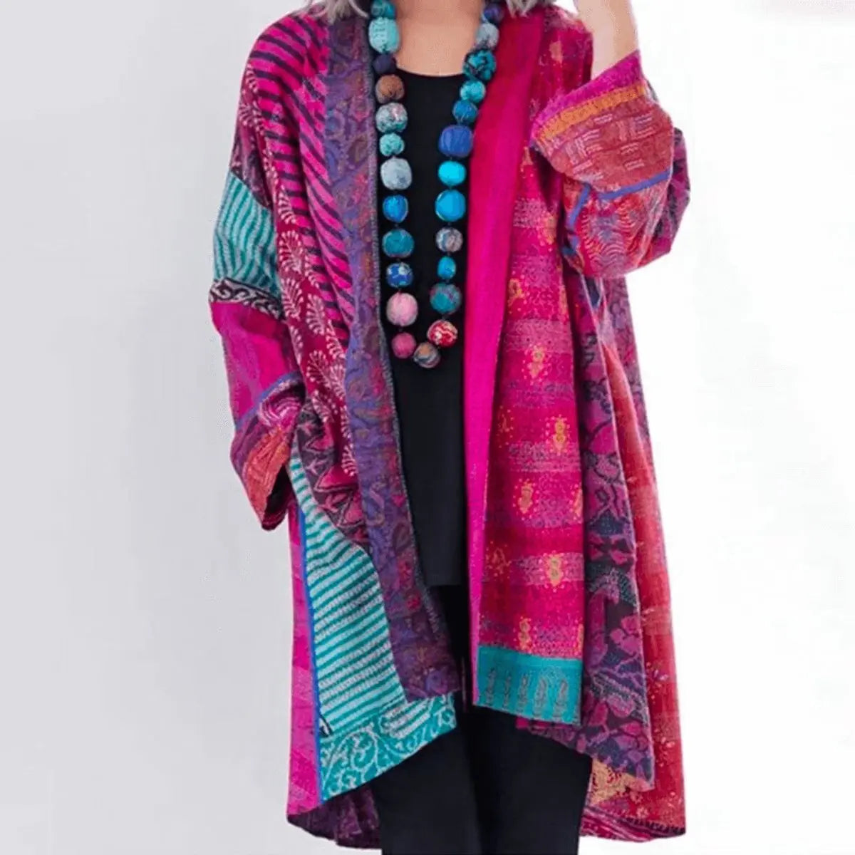 Womens Jumper Patchwork Open-Front Longline Cardigan