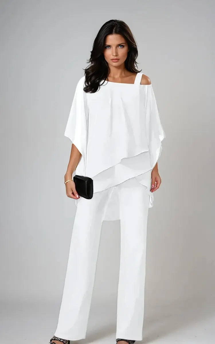 Women's Layered Chiffon Cold-Shoulder Wide-Leg Trouser Set