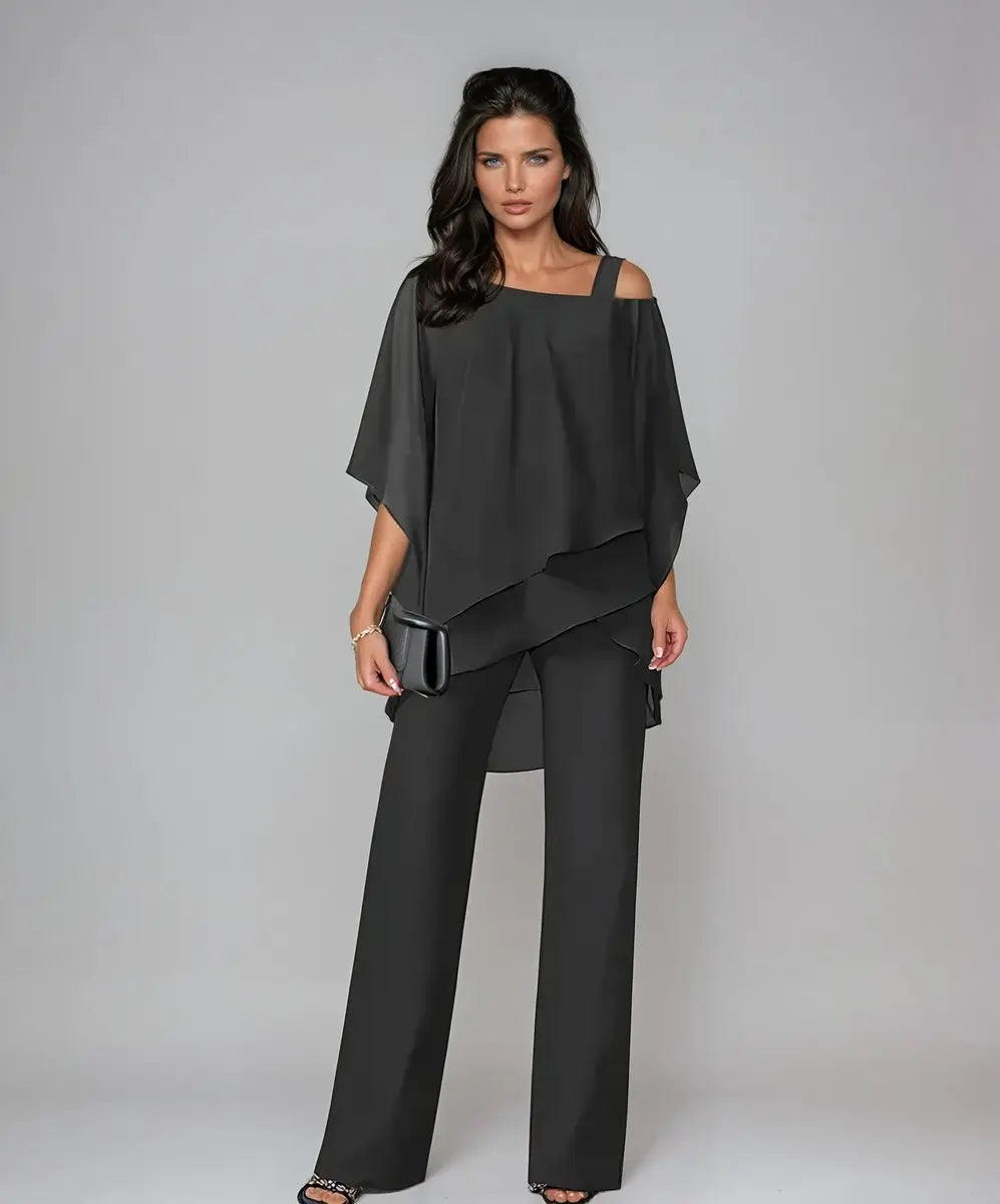 Women's Layered Chiffon Cold-Shoulder Wide-Leg Trouser Set