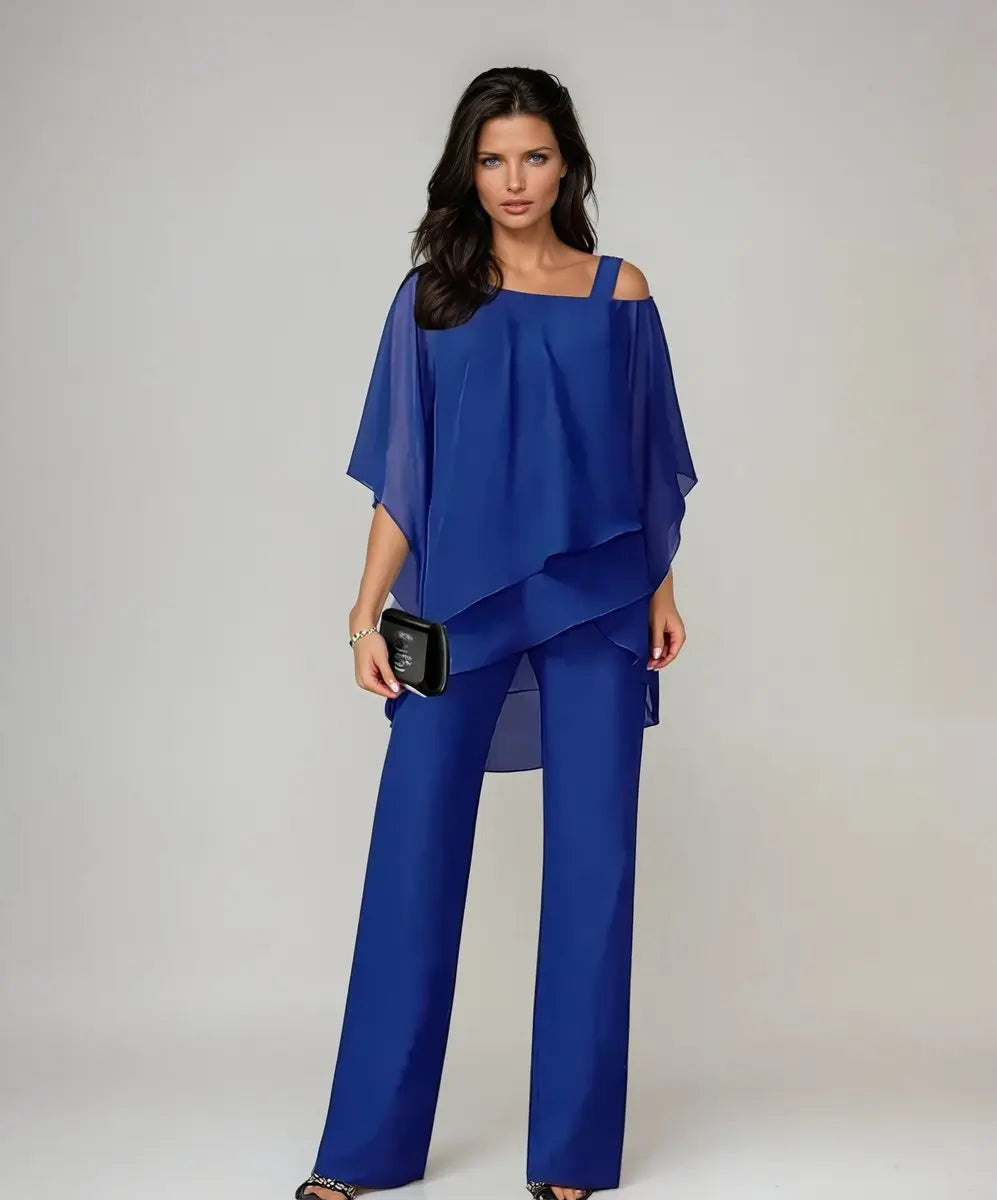 Women's Layered Chiffon Cold-Shoulder Wide-Leg Trouser Set