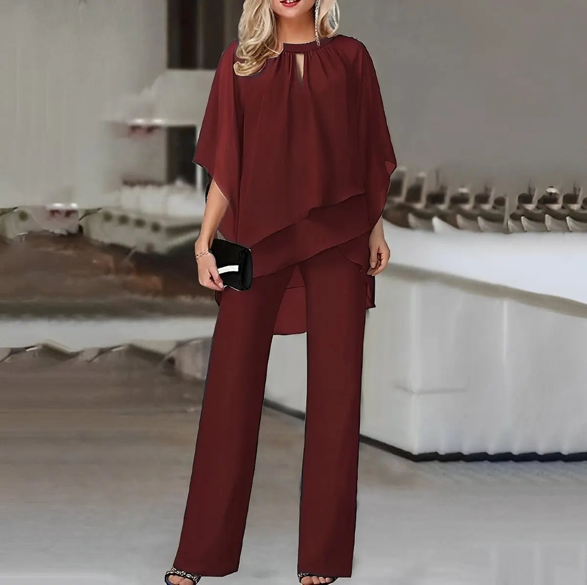Women's Layered Chiffon Wide Leg Pants Two-Piece Set