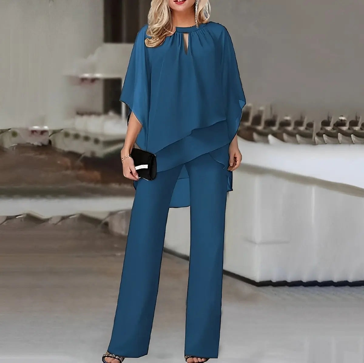 Women's Layered Chiffon Wide Leg Pants Two-Piece Set