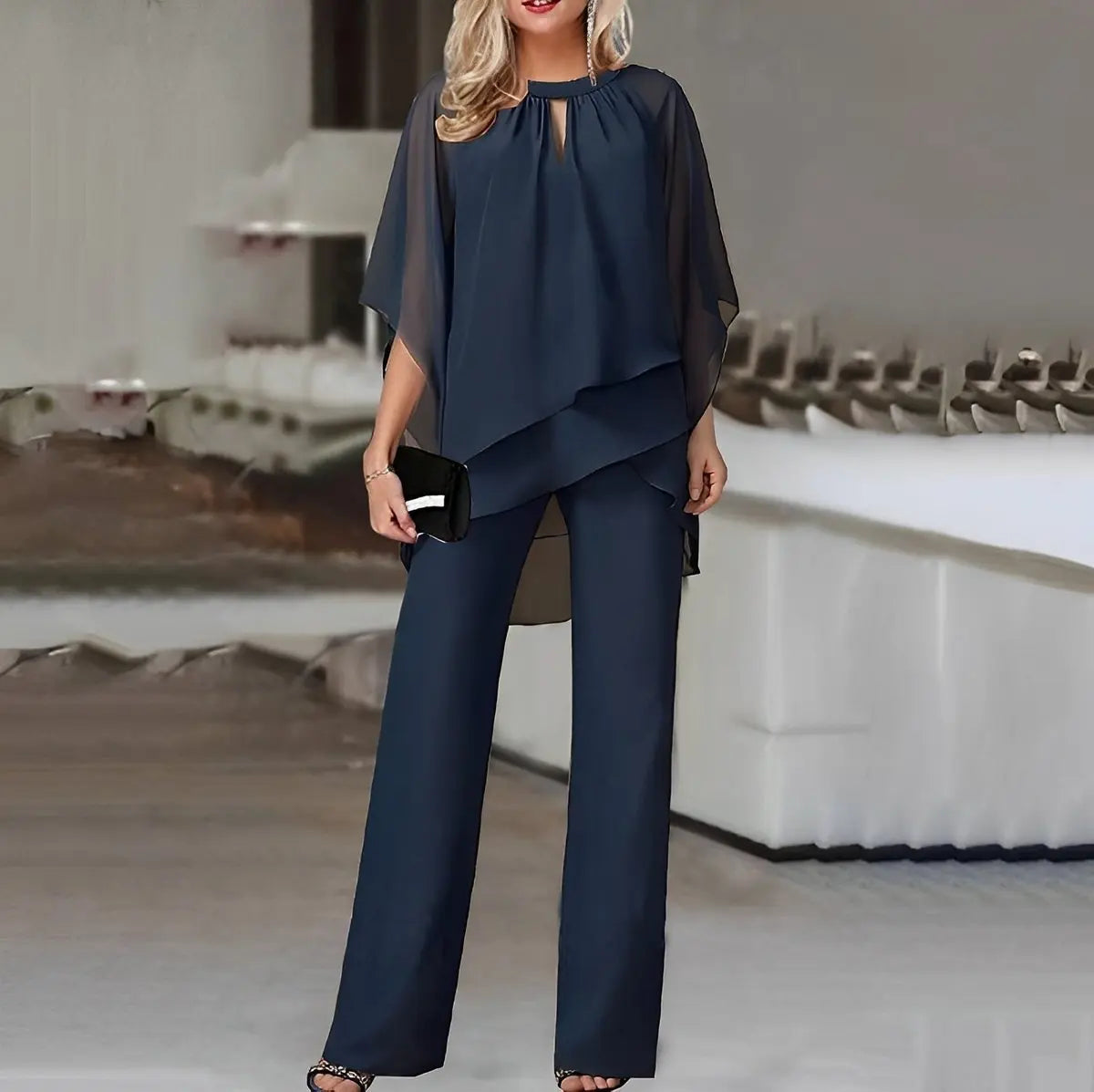 Women's Layered Chiffon Wide Leg Pants Two-Piece Set