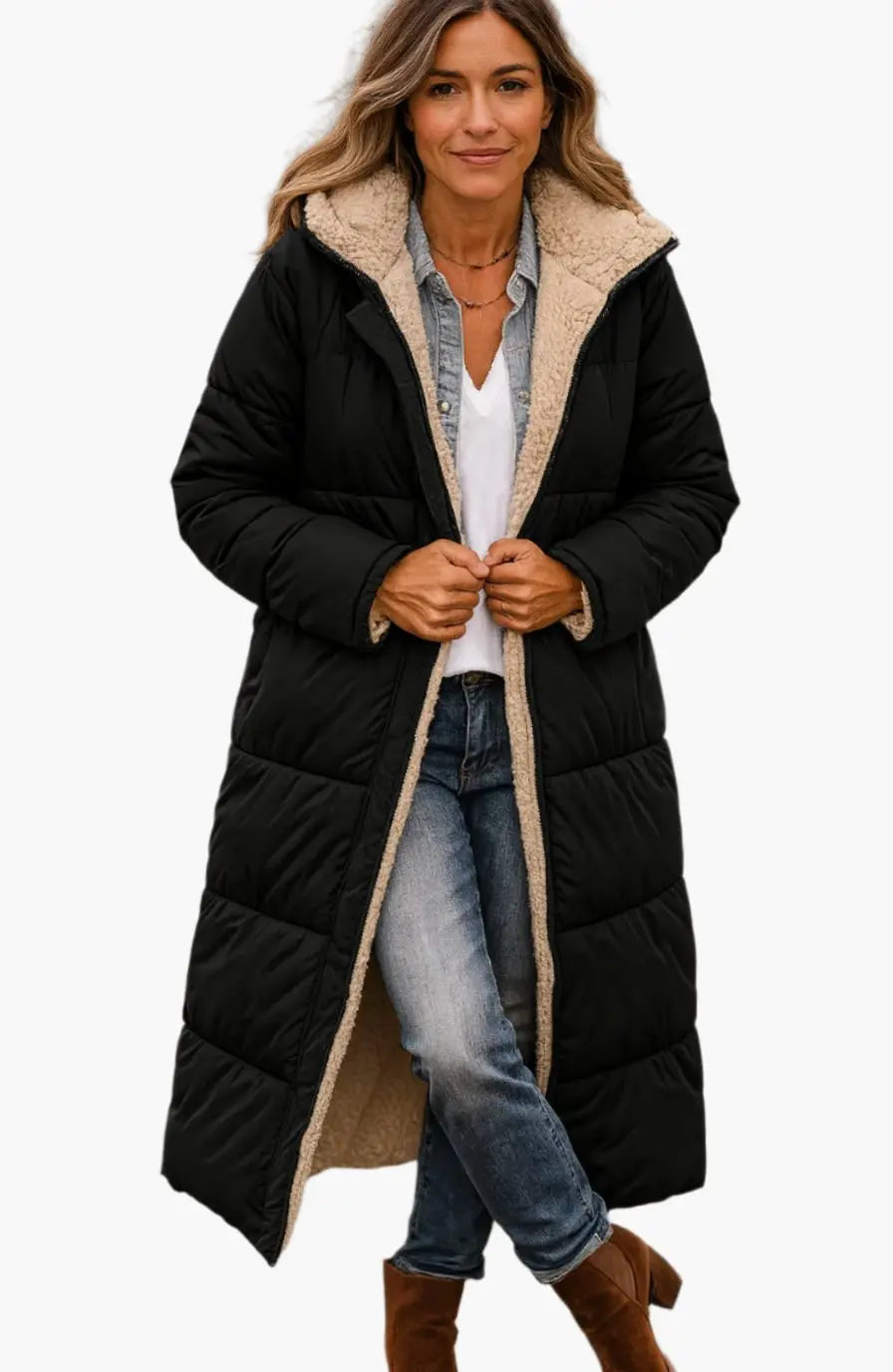 Women's Long Hooded Quilted Fleece-Lined Winter Coat