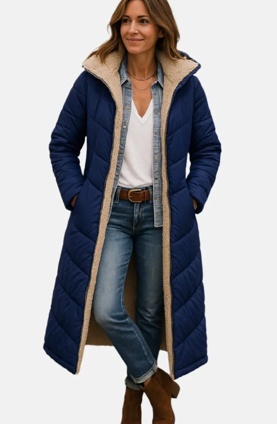 Women's Long Hooded Quilted Fleece-Lined Winter Coat