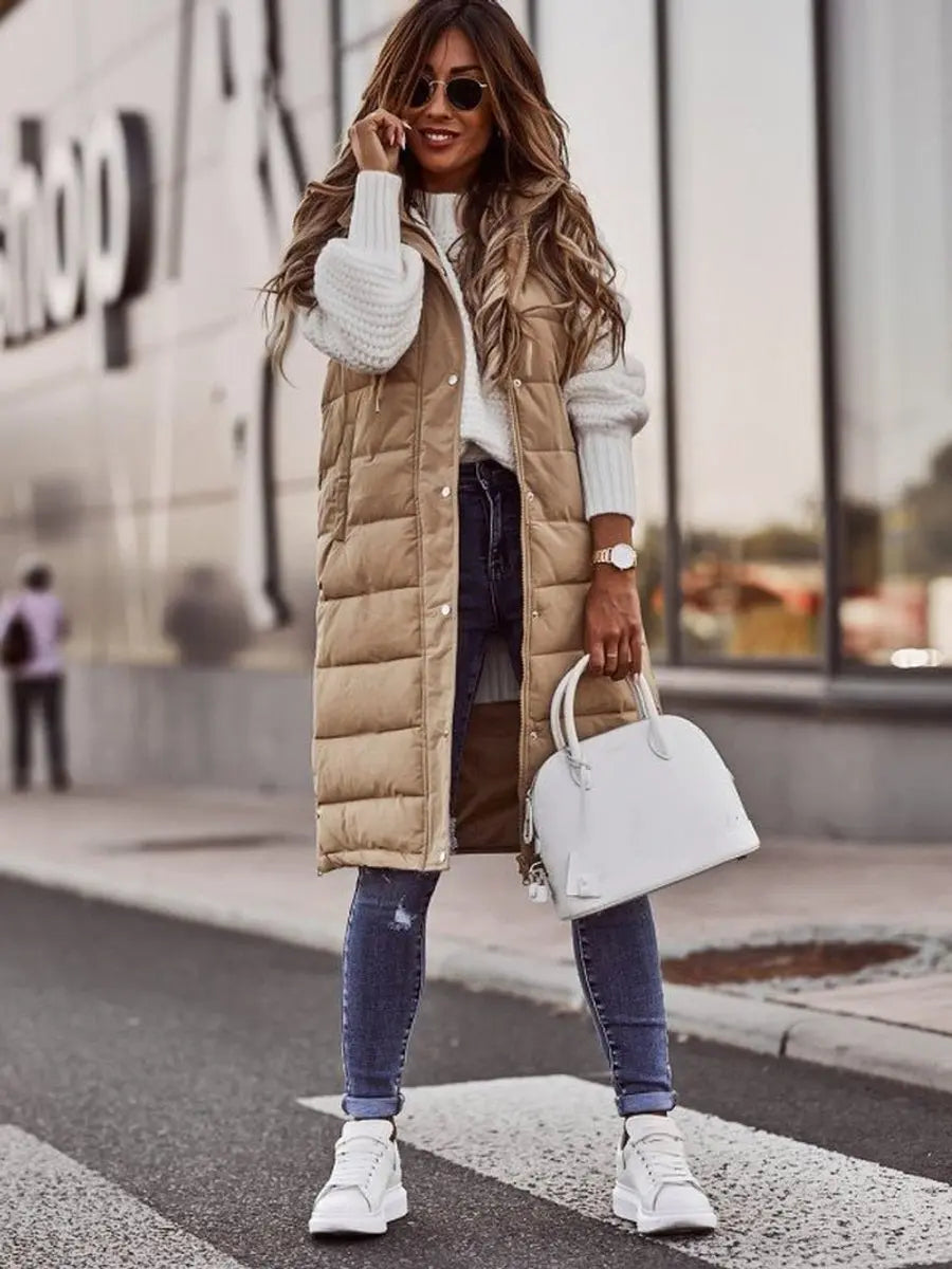 Women's Long Hooded Quilted Puffer Vest Sleeveless Winter Gilet