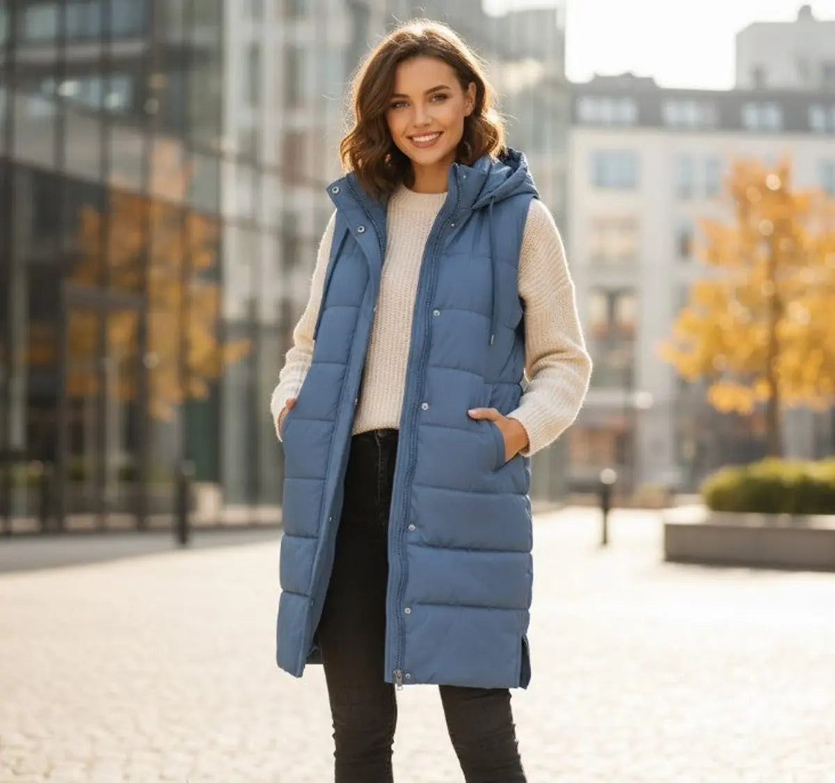 Women's Long Hooded Quilted Puffer Vest Sleeveless Winter Gilet