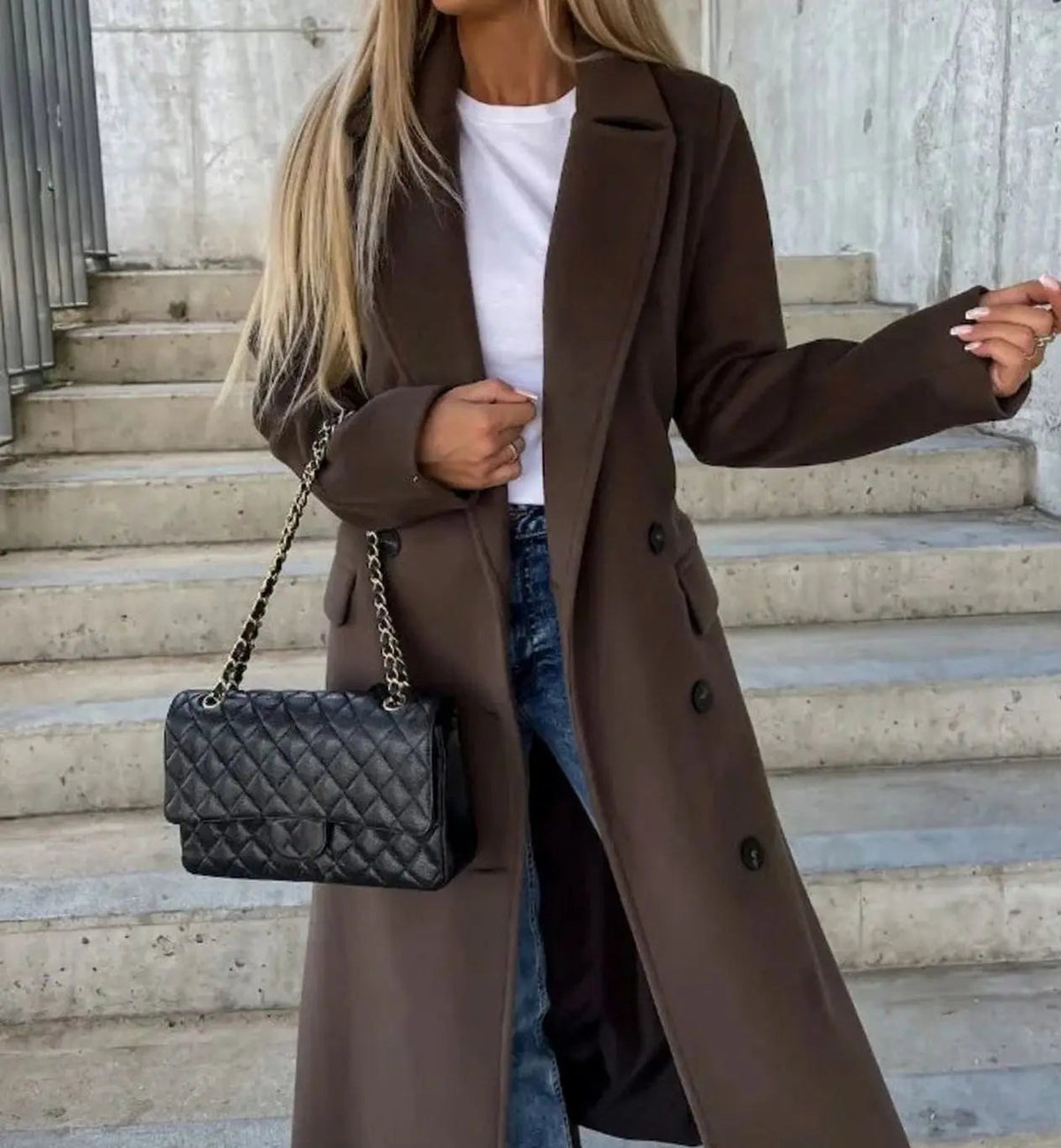 Women's Long Lapel Button Front Coat Classic Double-Breasted Overcoat