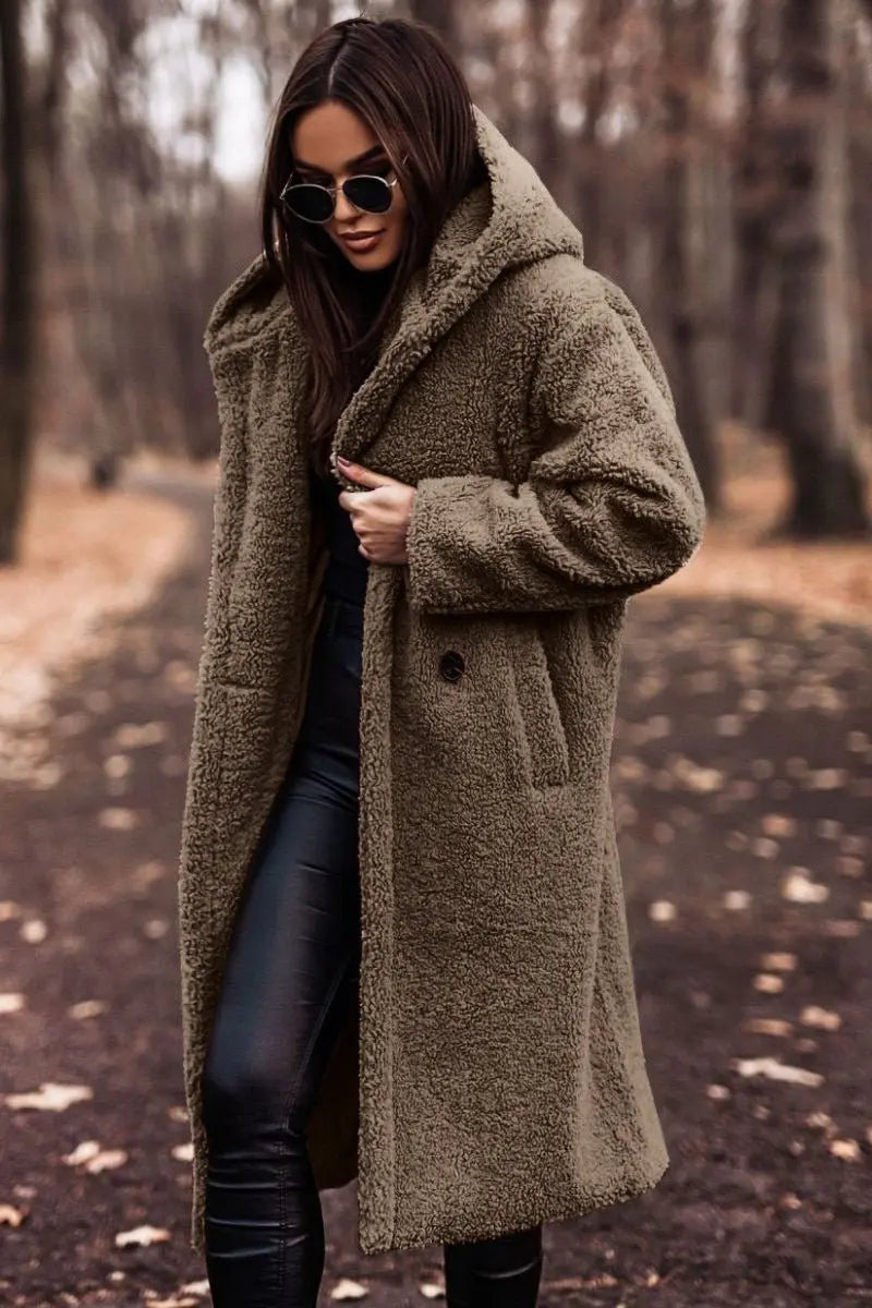 Women's Long Relaxed-Fit Fleece Teddy Coat Puffer Jacket