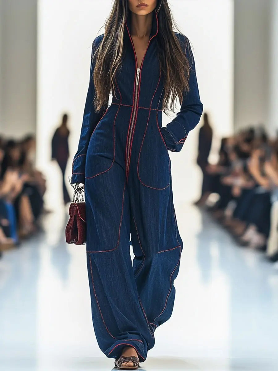 Women's Long Sleeve Front-Zip Wide Leg Pants Jumpsuit
