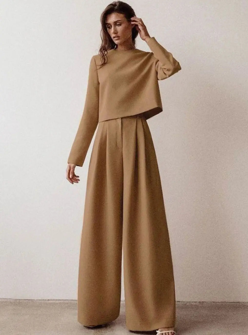 Women's Long-Sleeve Wide-Leg Palazzo Two-Piece Set