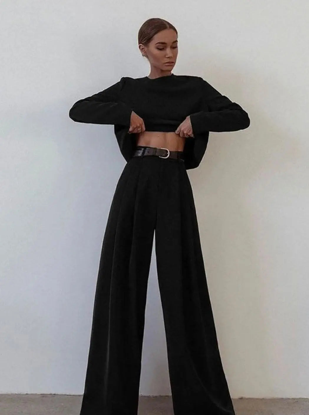 Women's Long-Sleeve Wide-Leg Palazzo Two-Piece Set