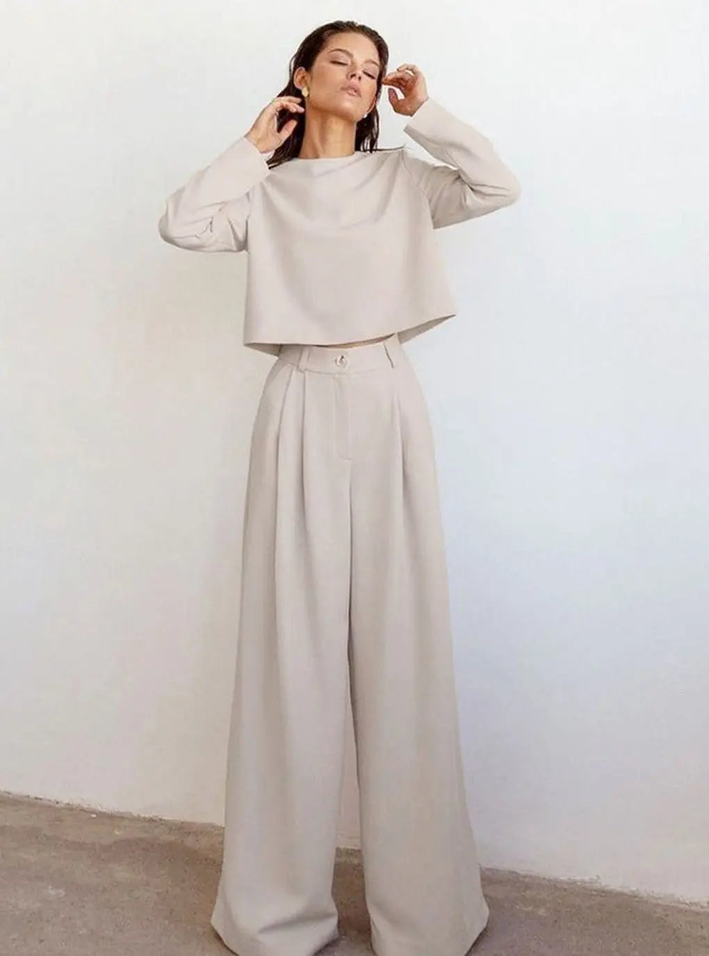 Women's Long-Sleeve Wide-Leg Palazzo Two-Piece Set
