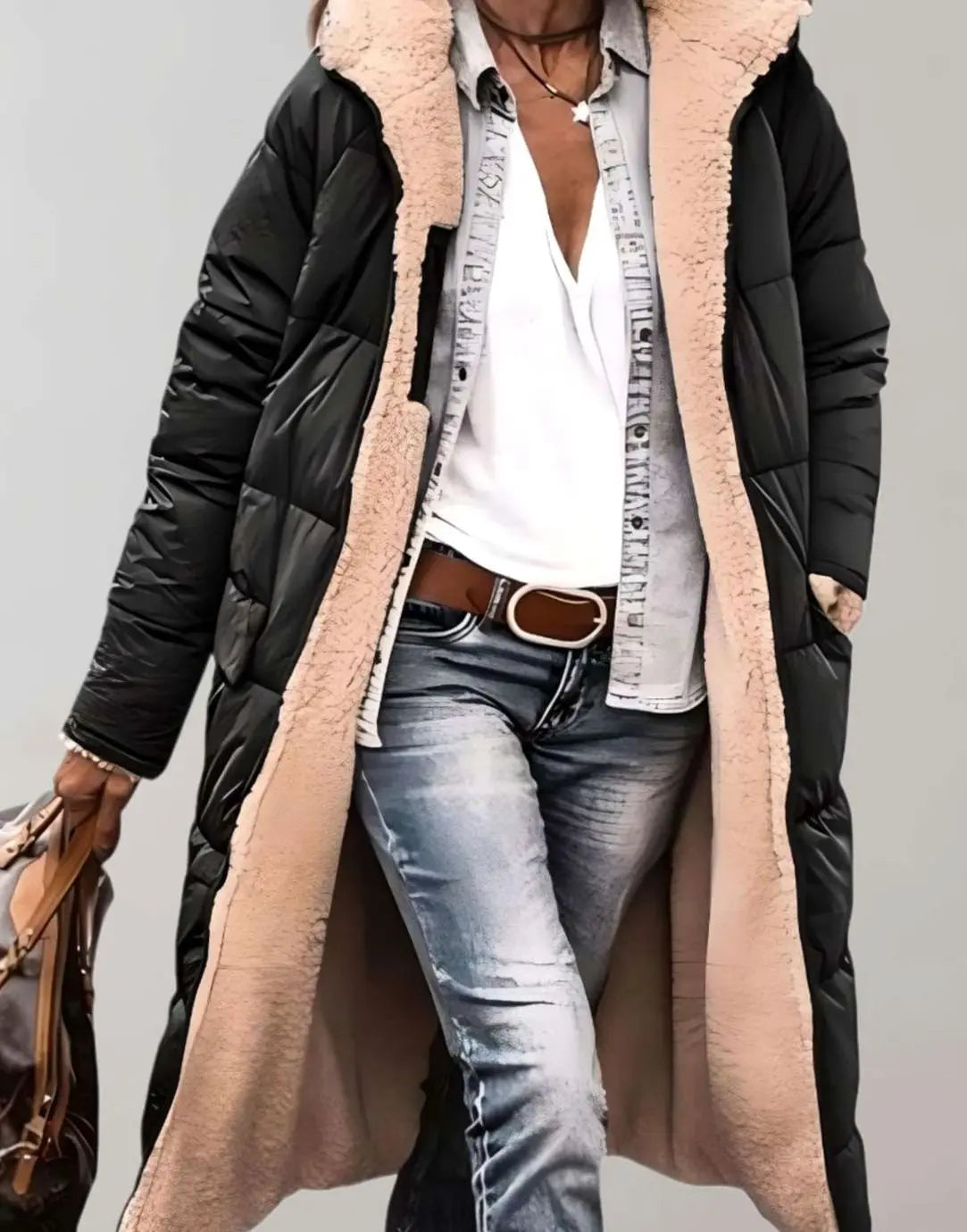 Women's Longline Fleece-Lined Hooded Quilted Coat