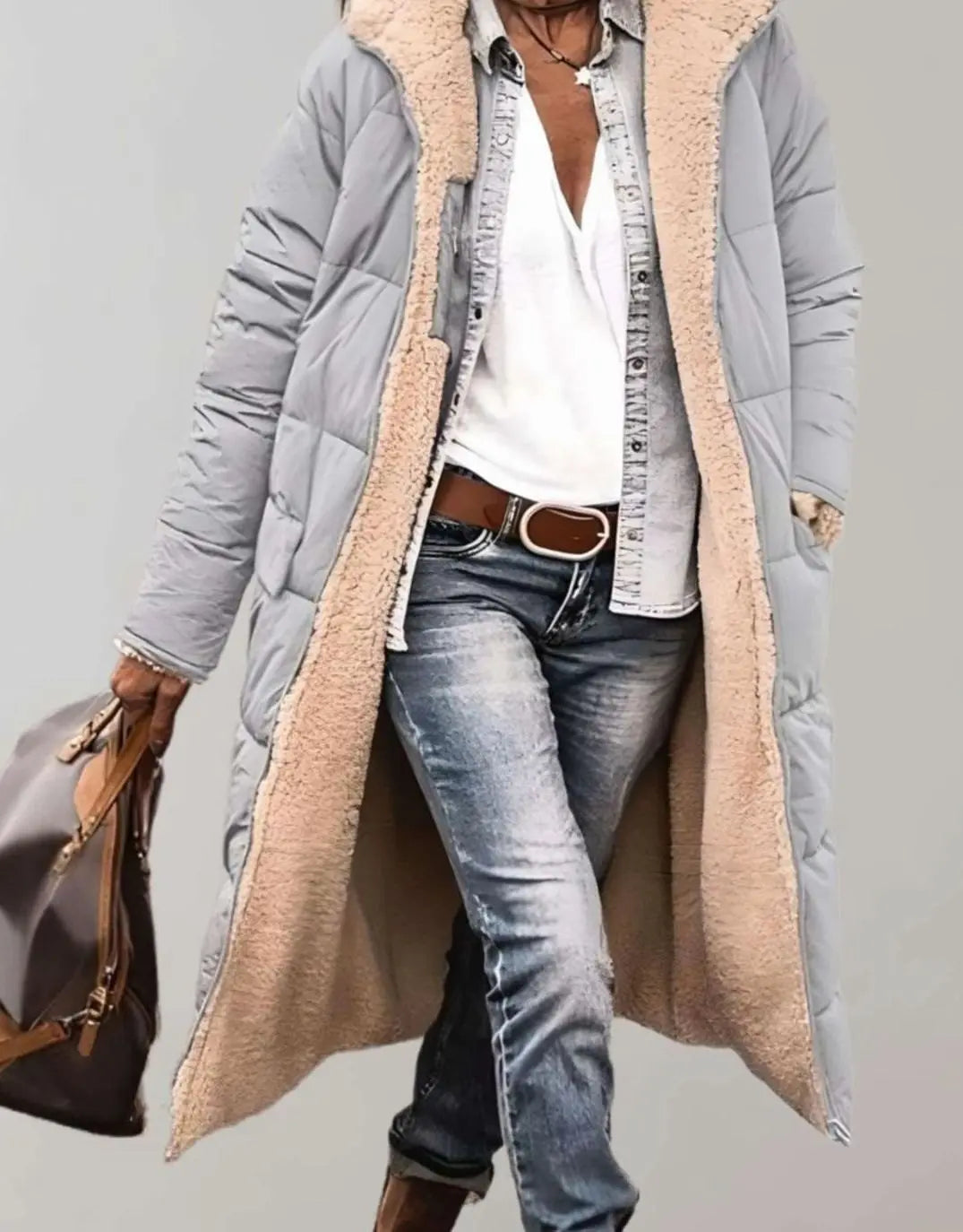 Women's Longline Fleece-Lined Hooded Quilted Coat