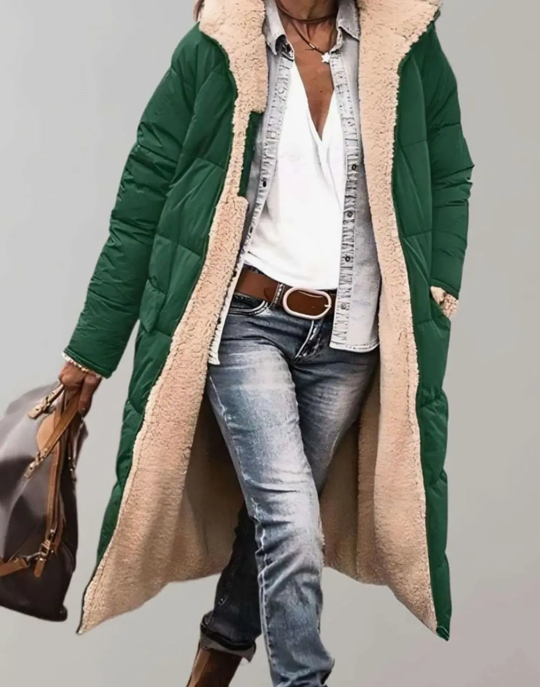 Women's Longline Fleece-Lined Hooded Quilted Coat