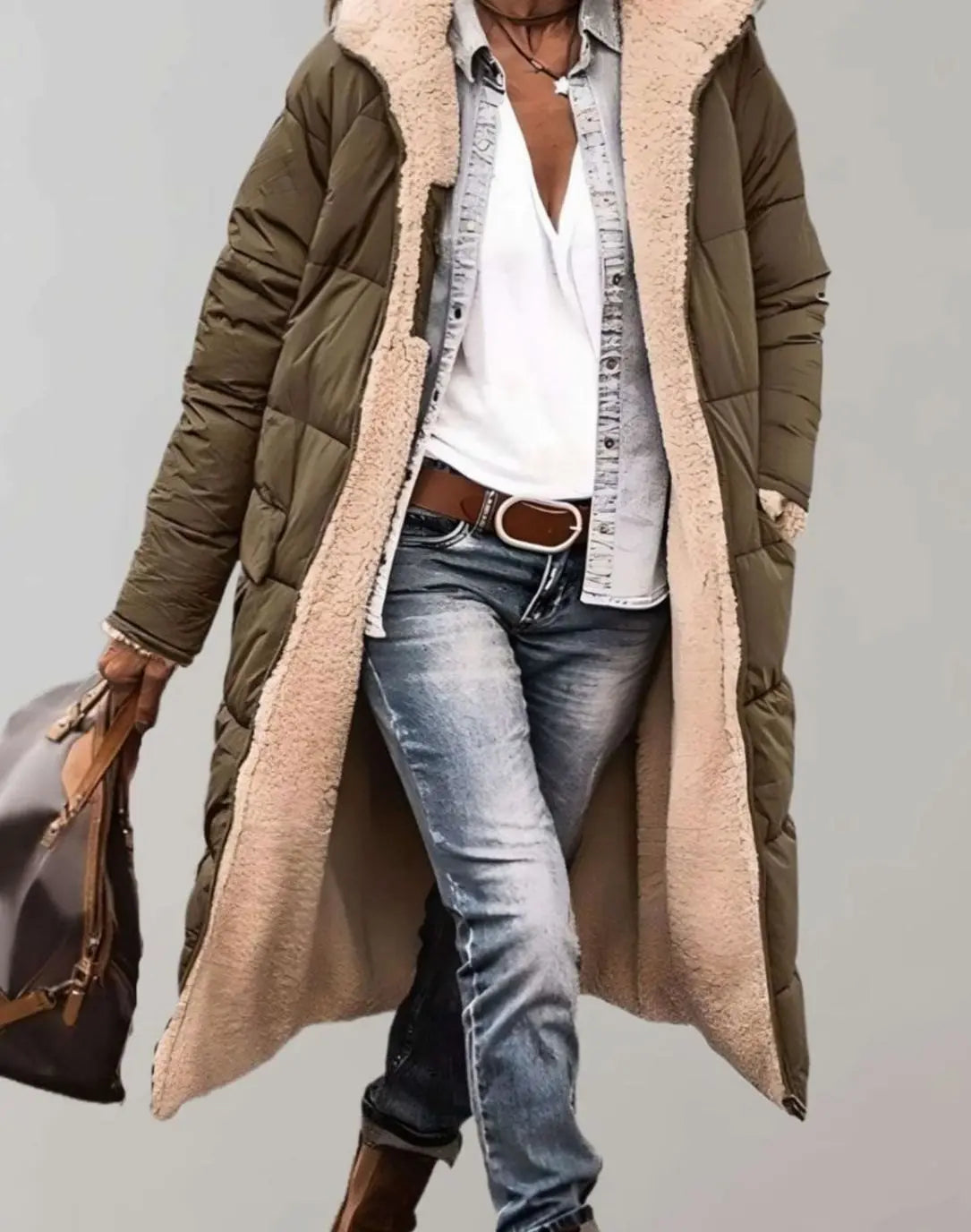 Women's Longline Fleece-Lined Hooded Quilted Coat