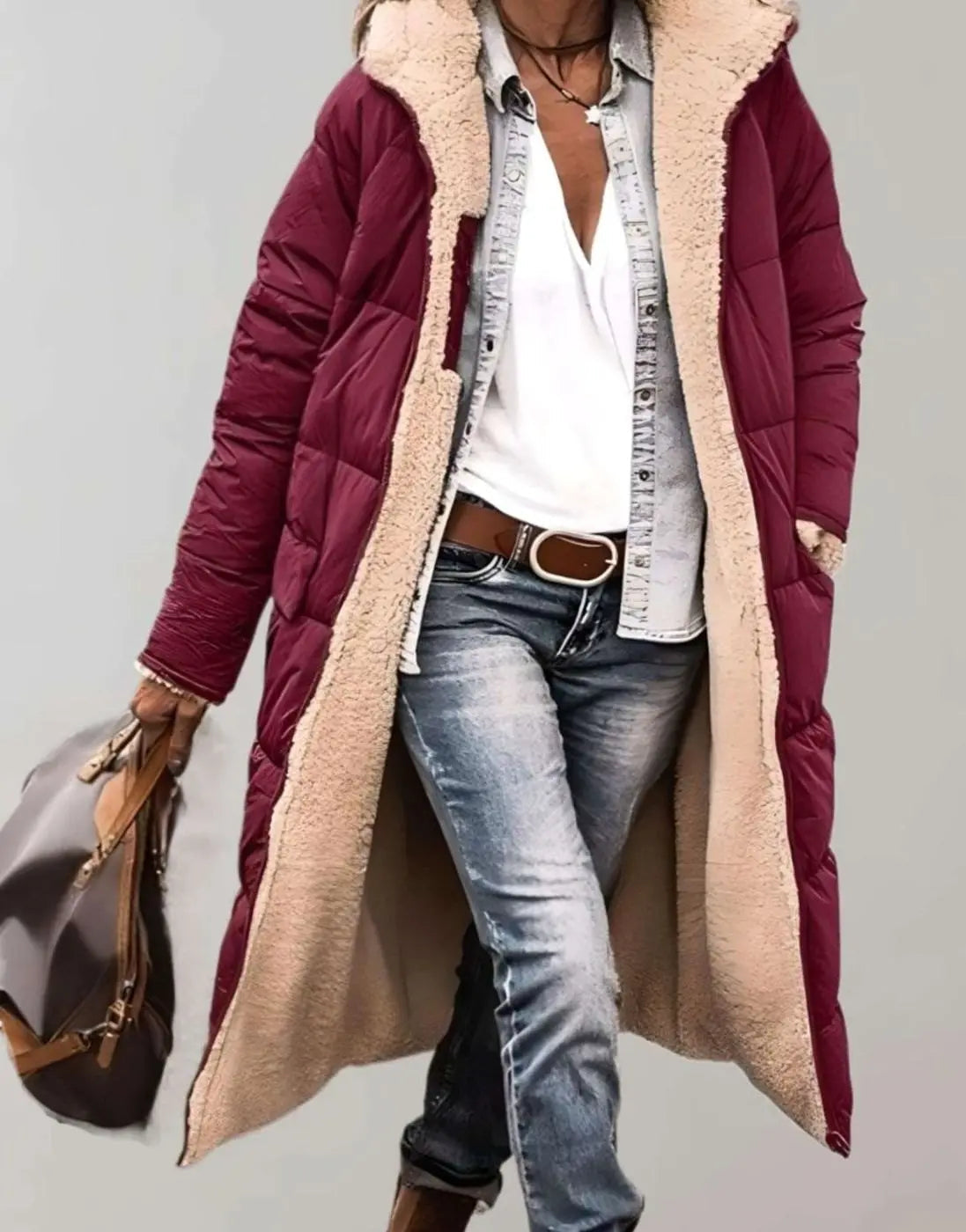 Women's Longline Fleece-Lined Hooded Quilted Coat