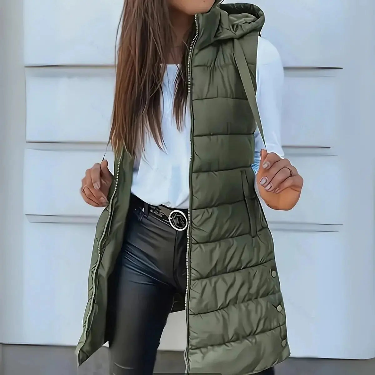Women's Longline Hooded Sleeveless Puffer Vest
