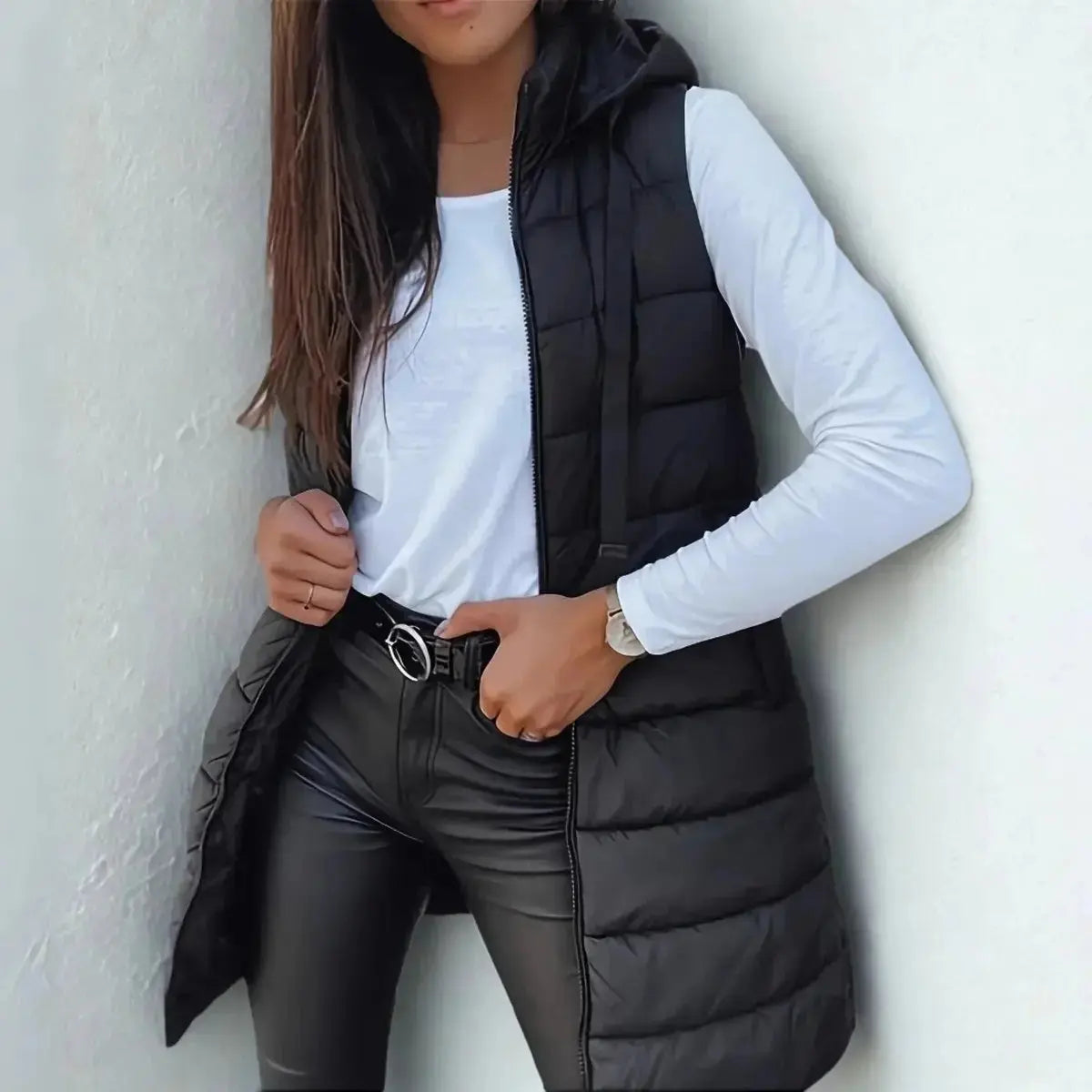 Women's Longline Hooded Sleeveless Puffer Vest