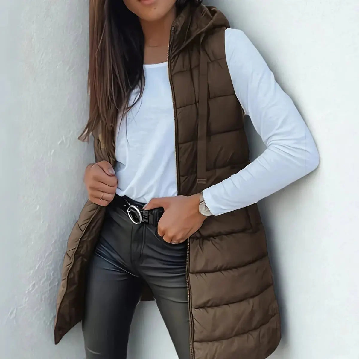 Women's Longline Hooded Sleeveless Puffer Vest