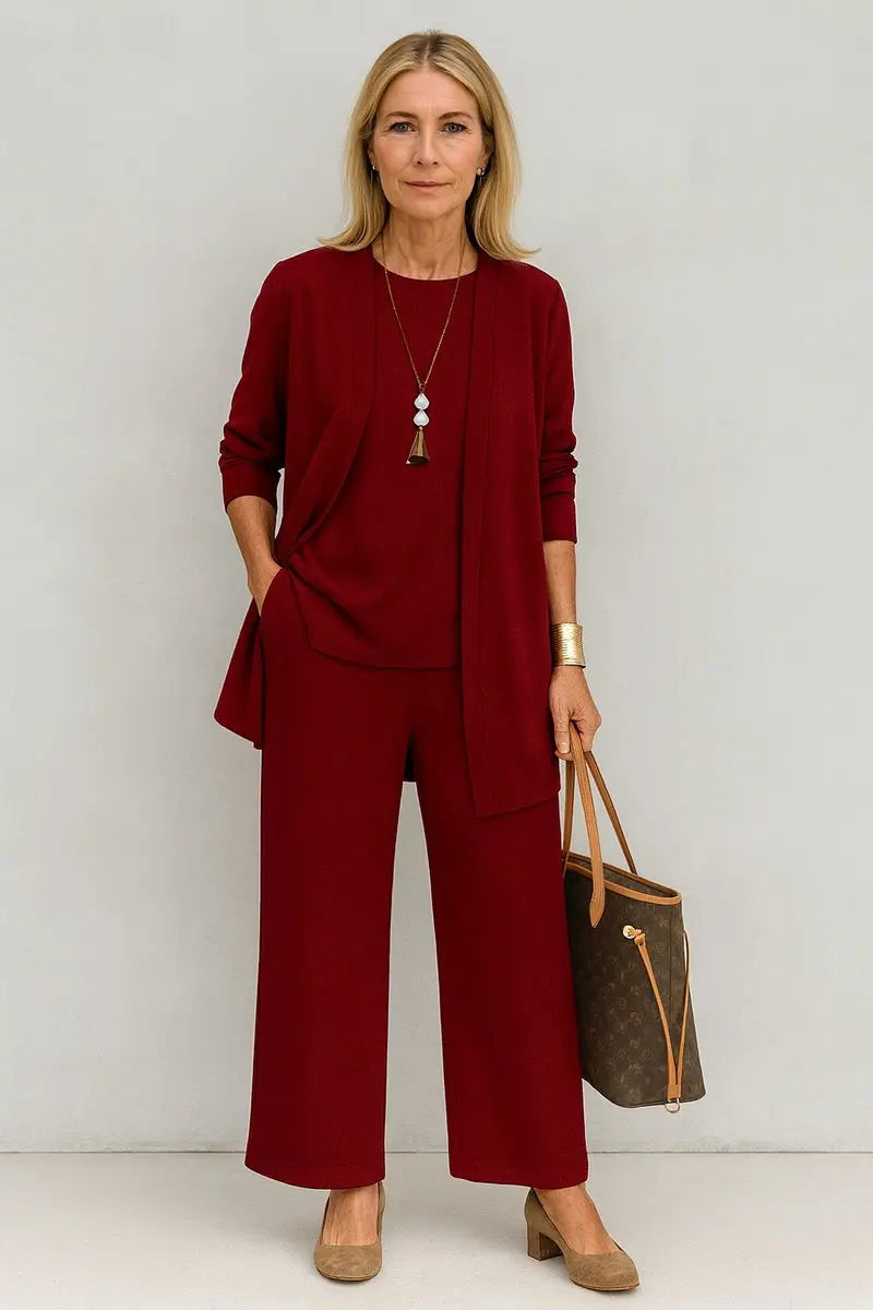 Women's Longline Open-Front Cardigan Wide-Leg Trouser 3-Piece Set
