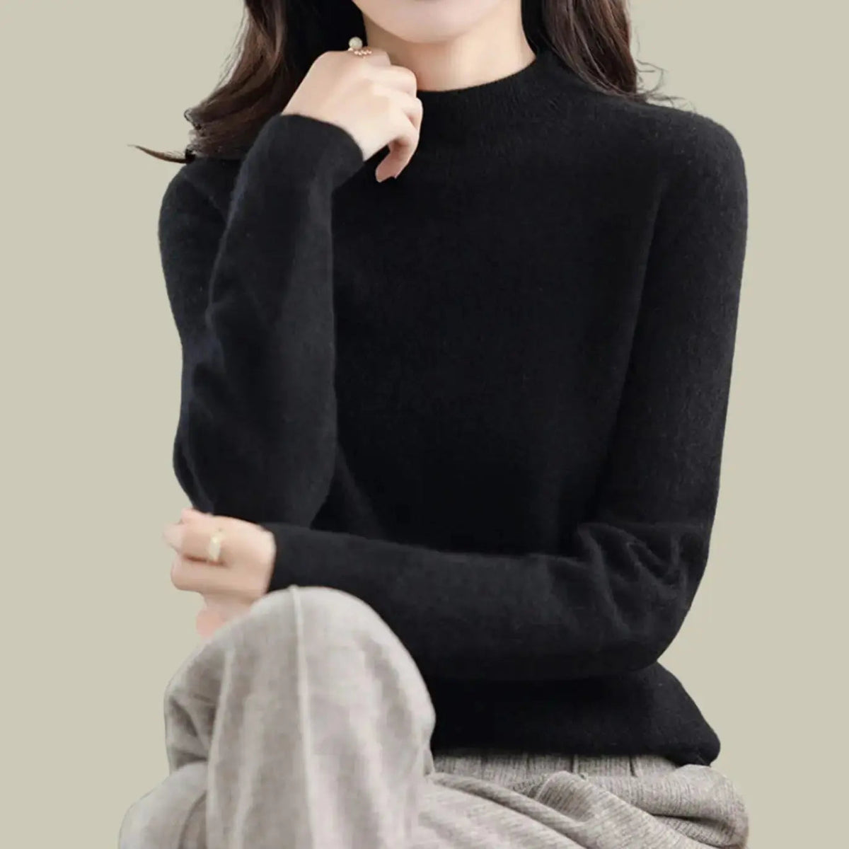 Women's Merino Wool Sweaters Mock-Neck Long-Sleeve Knit Jumper