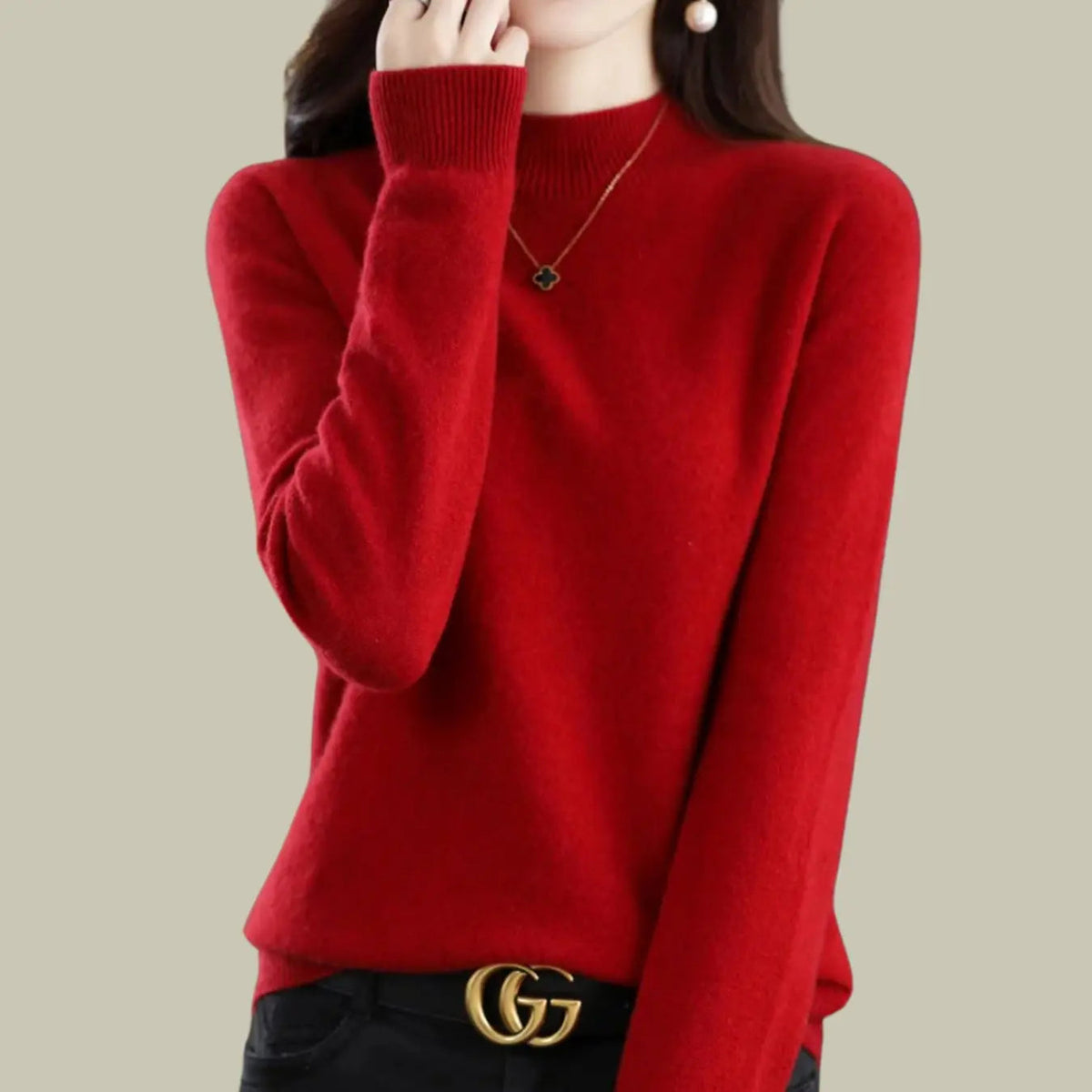 Women's Merino Wool Sweaters Mock-Neck Long-Sleeve Knit Jumper