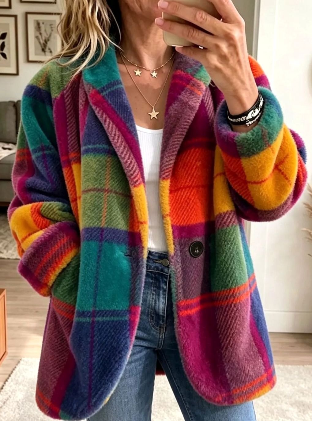 Women's Multicolour Checked Fleece Button-Up Coat