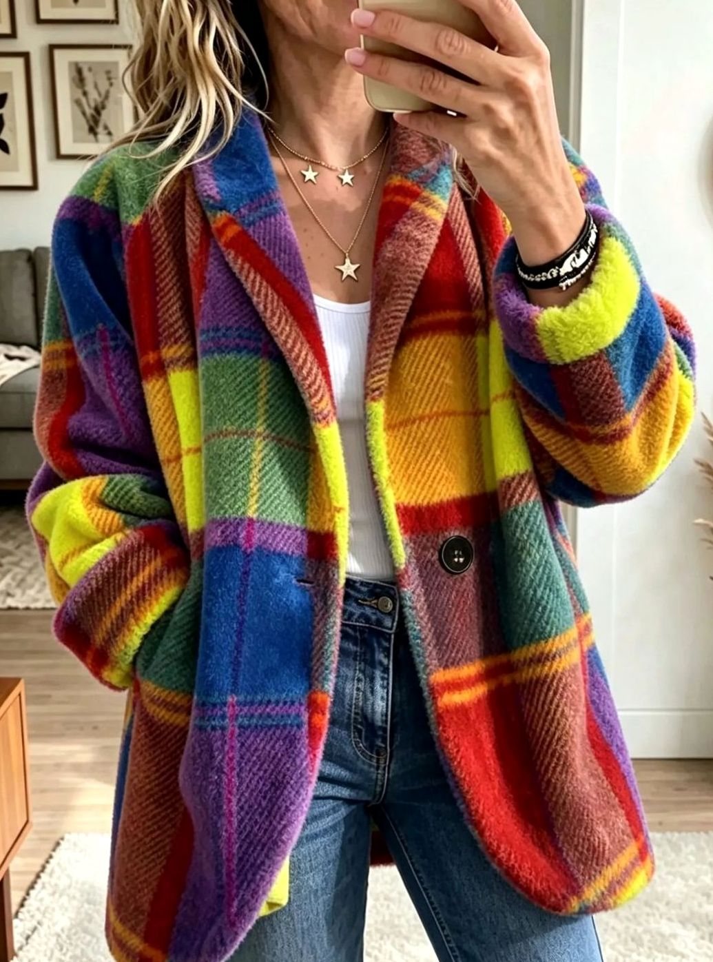 Women's Multicolour Checked Fleece Button-Up Coat